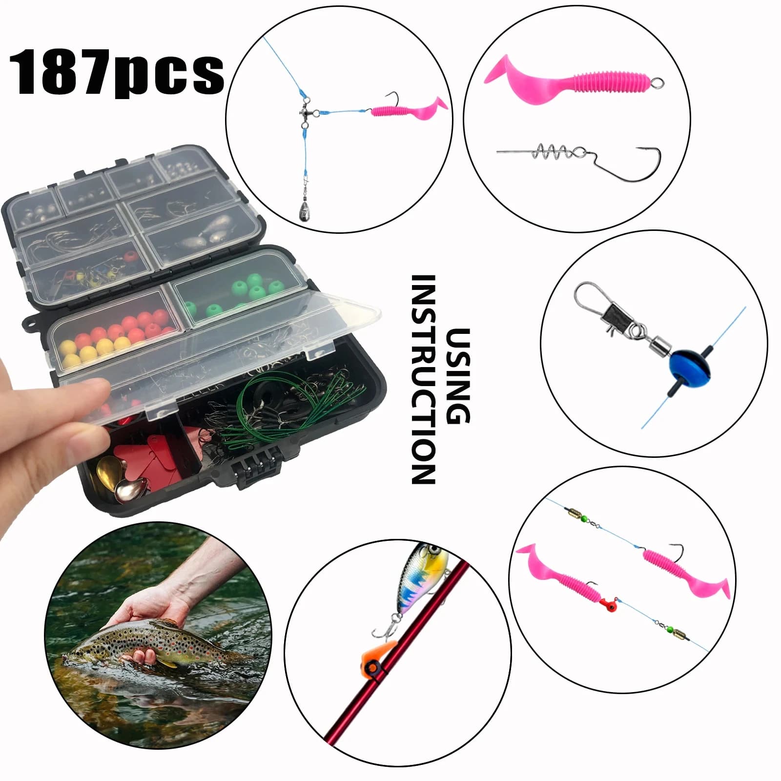 Fishing equipment box with hooks, baits and rains Included, Ideal for Fishing Accessories Organization