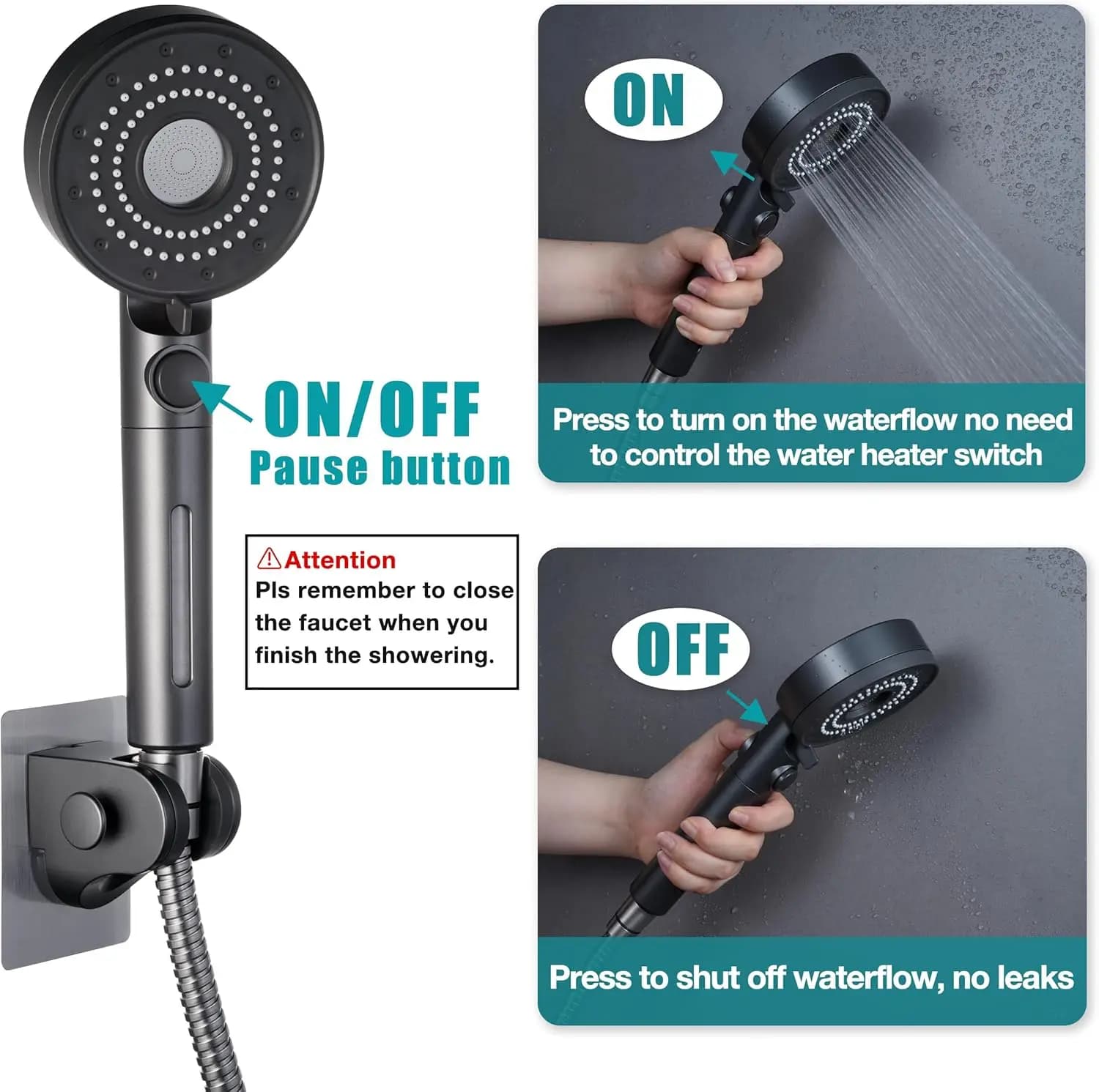 RV Handheld Shower Head with Hose and Cotton Filter,5 Mode Spray High Pressure Shower Head with On/Off Switch for Water Saving,No Drilling Wall Mount Shower Holder and Adhesive Hose Guide Ring