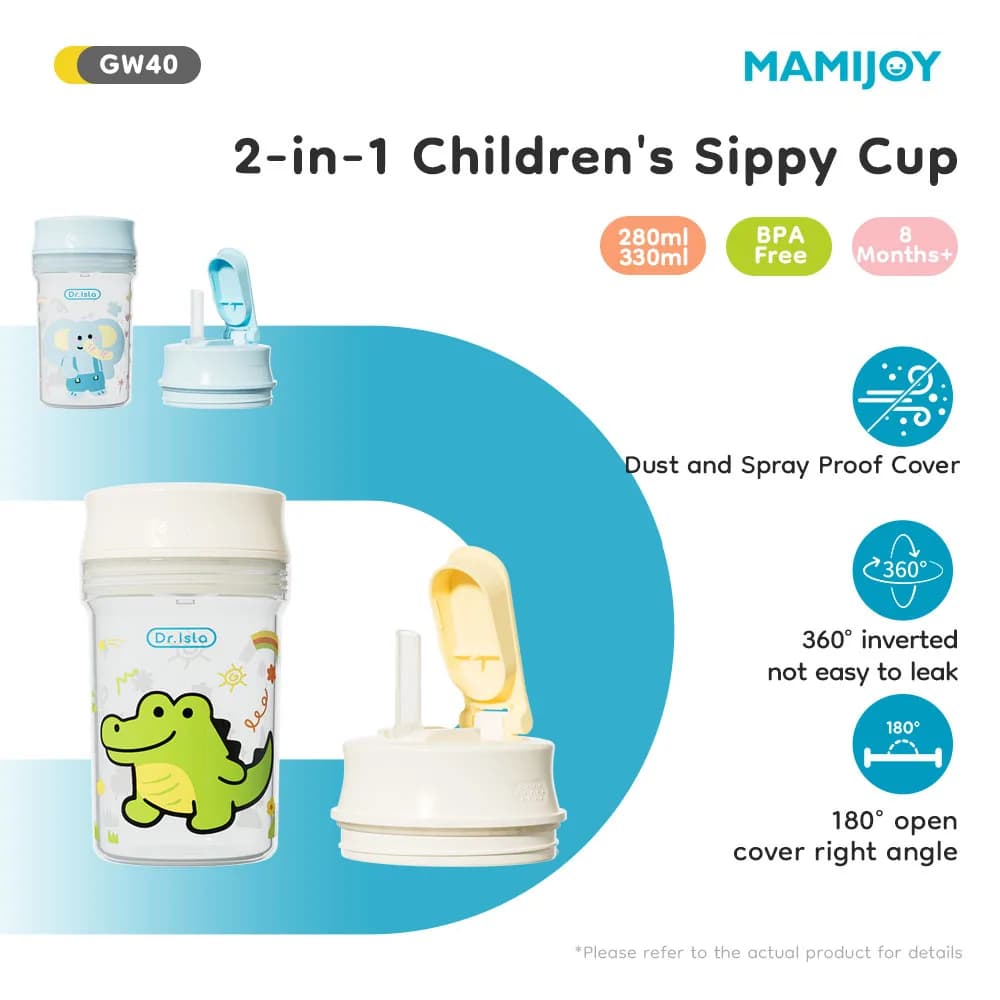 MAMIJOY GW40 Kids Water Bottle 280/330ml BPA-Free Sippy Cup Leak Proof Toddler Training Cup with Straw Cartoon Design for Baby