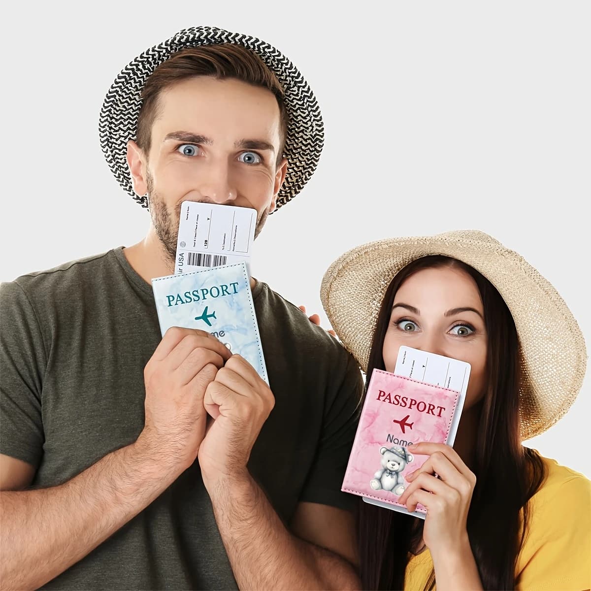 1pc Personalized Name/Initials Bear Passport Holder with Gray Top Hat & Bow - PU Suitable for Travel, Honeymoon, Business Trips