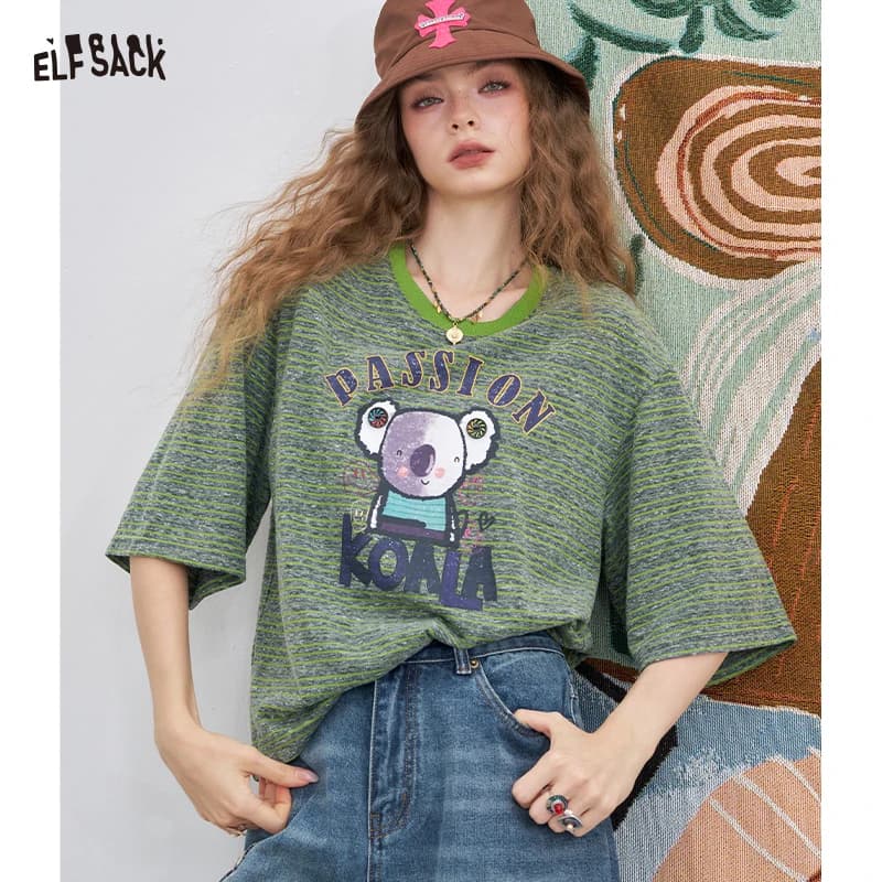 ELFSACK T-shirt a righe carina con stampa di koala dei cartoni animati, maglietta casual con scollo rotondo e grafica, top a maniche corte per donna