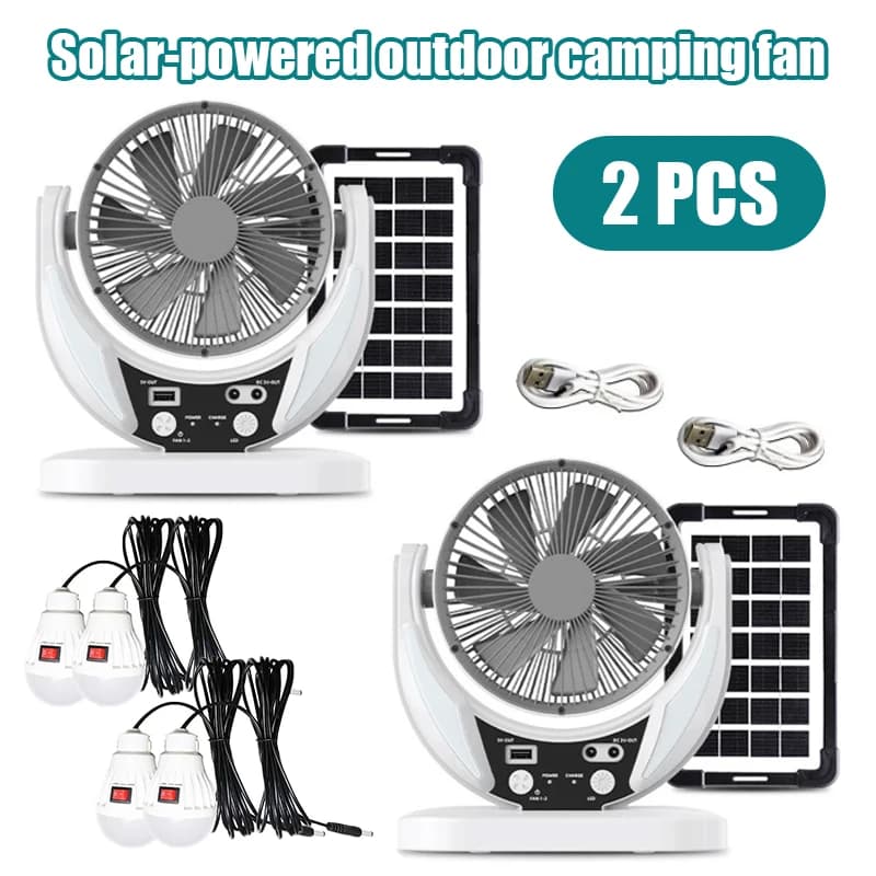 Ventilatore multifunzionale ad energia solare da 2 pezzi, lampadina di emergenza a LED, ricarica USB, funzione di luce notturna, può caricare telefoni cellulari