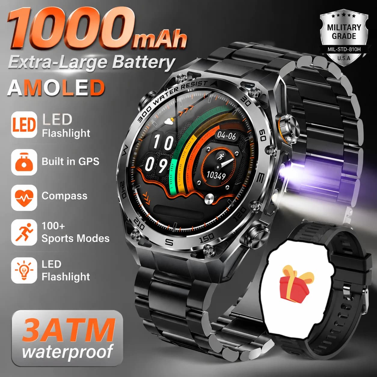 Nuovo Smartwatch Militare 2026 con Batteria da 1000mAh, Torcia, Impermeabile IP68, Cardiofrequenzimetro, Chiamate Bluetooth, GPS per Sport all'Aperto