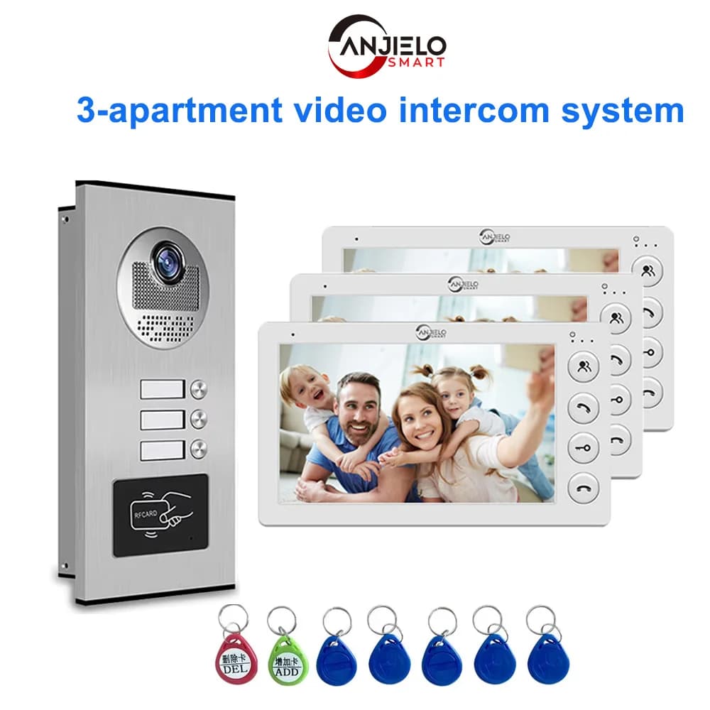 ANJIELO Videocitofono domestico a 3 unità per appartamenti Citofono residenziale Campanello Videocitofono con sblocco scheda RFID