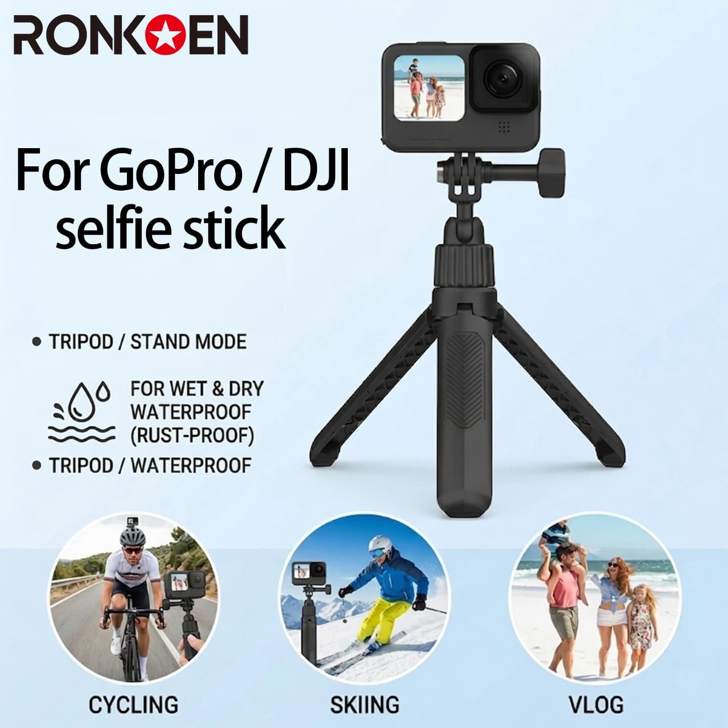 Ronkoen TZ-12 per GoPro/Insta360/DJI Osmo Action 3/4/5Pro, Bastone Selfie Estensibile 40CM con Treppiede per Vlog/Ciclismo/Sci/Viaggi