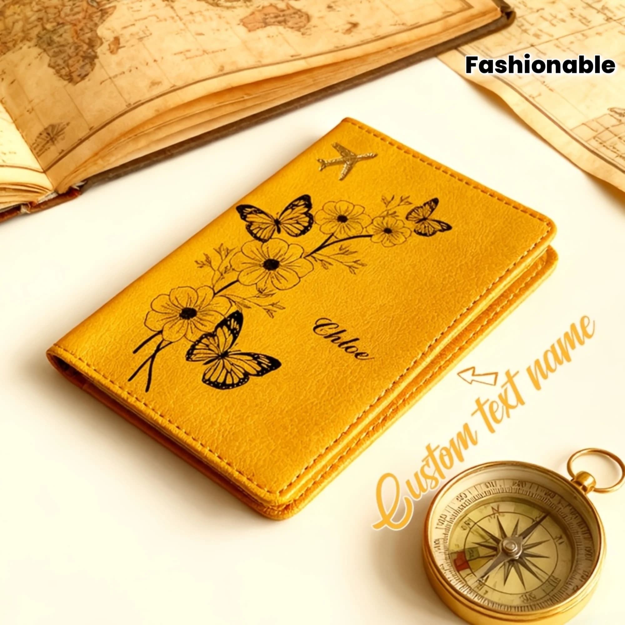 A Personalized Custom Name Passport Holder Featuring a Butterfly And Flower Design, a Easy And Stylish Passport Case