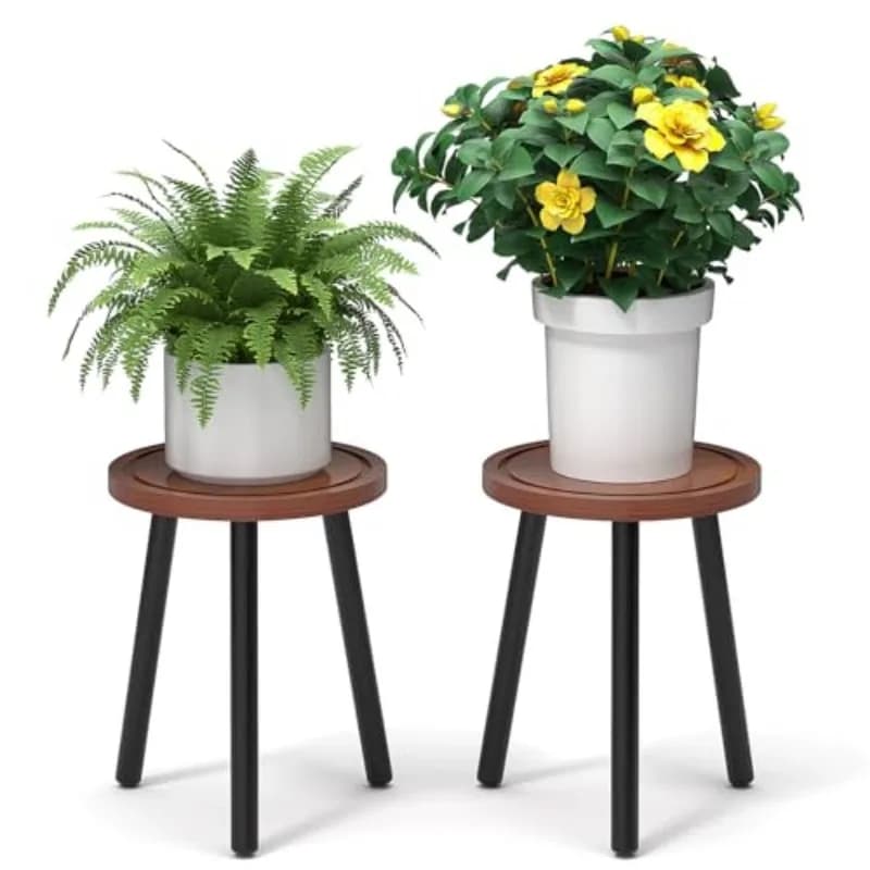 2-Pack Wood Plant Stands Indoor, 16.7" Tall Plant Stand Outdoor Mid-Century Plant Stool, Single Plant Table Modern Small Round Side/End Table for Living Room, Balcony, Office(Brown)