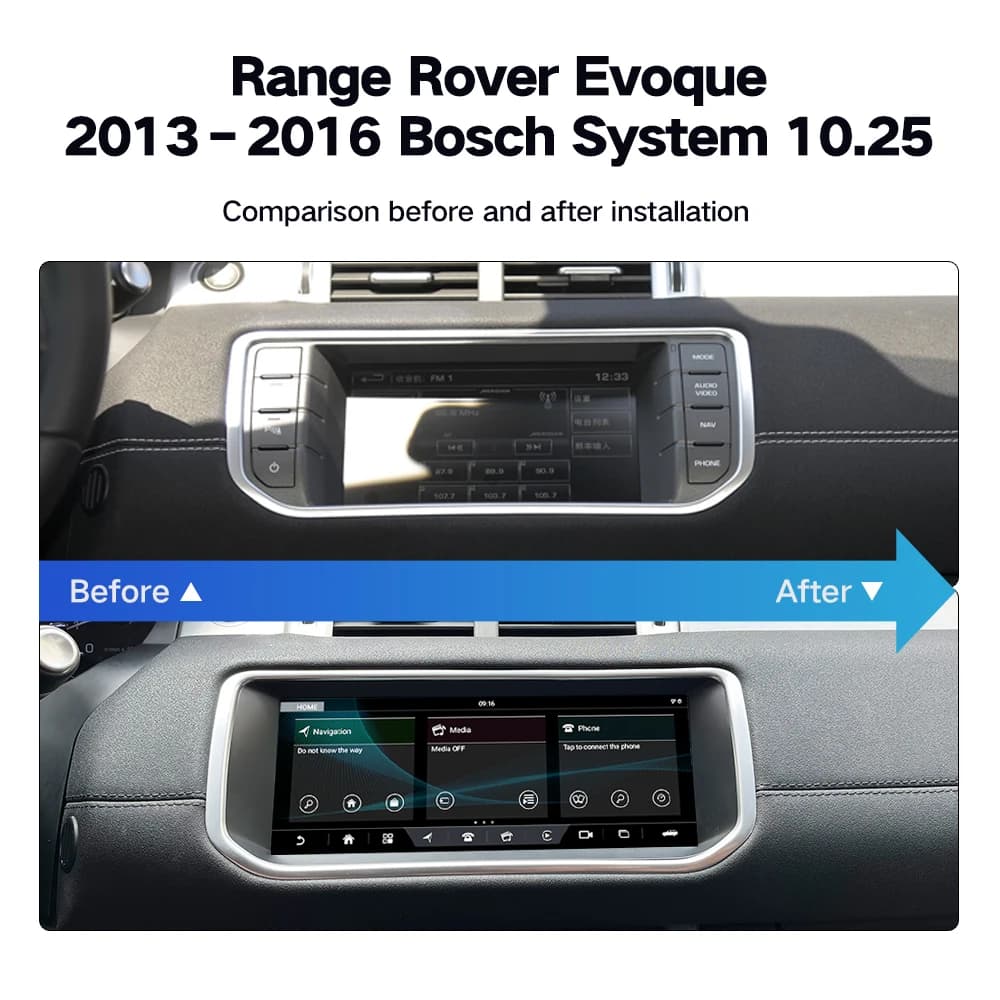 10.25 inch Android Head Unit for Range Rover Evoque 2013-2016 Bosch System OEM Fit Wireless CarPlay Android Auto GPS Navigation