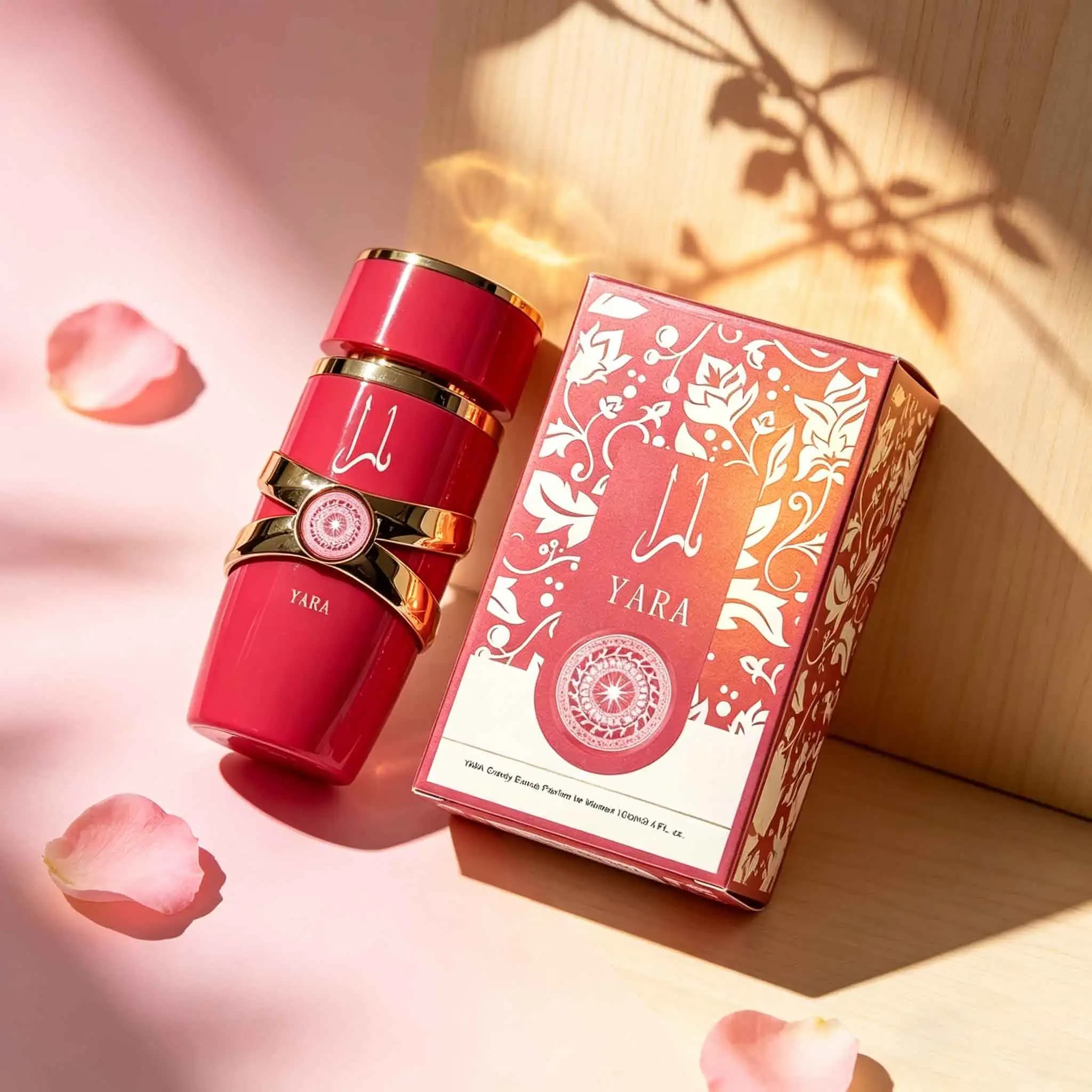 Profumo Yara Middle East, flacone rosso rosato dall'atmosfera delicata, delicato e provocante, adatto per il pendolarismo quotidiano e per gli appuntamenti.