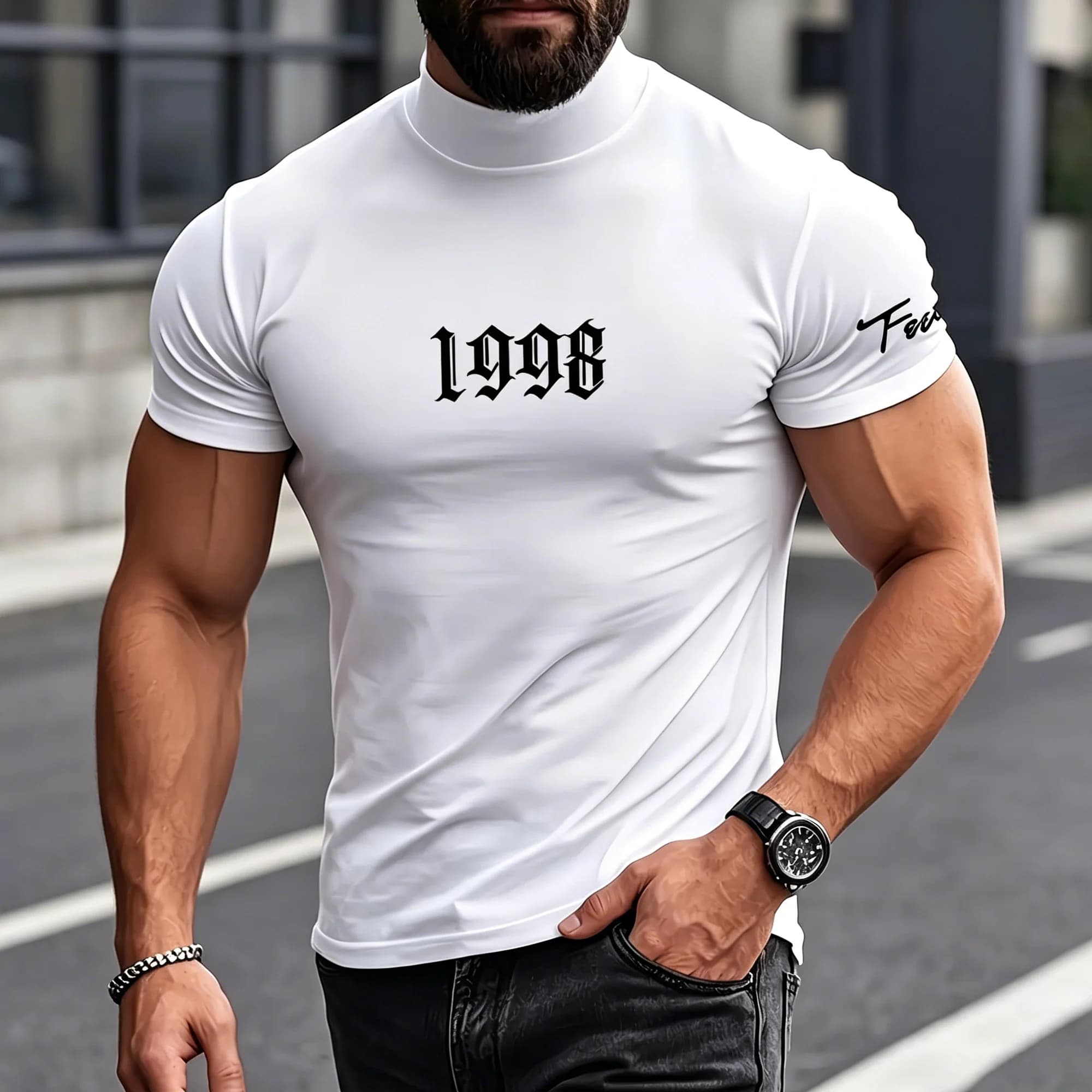 Mens Simple Gothic 1998 Pattern Mock Neck Short Sleeve T-shirt White Slim Stretch Cuff Letter Detail Outdoor Daily Dating Tees
