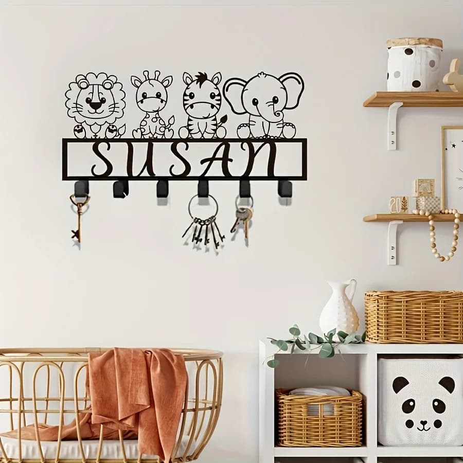 Ganci da Parete Personalizzabili a Forma di Animali, Appendiabiti in Metallo con Elefanti e Giraffe della Giungla, Opzioni per Nomi e Date