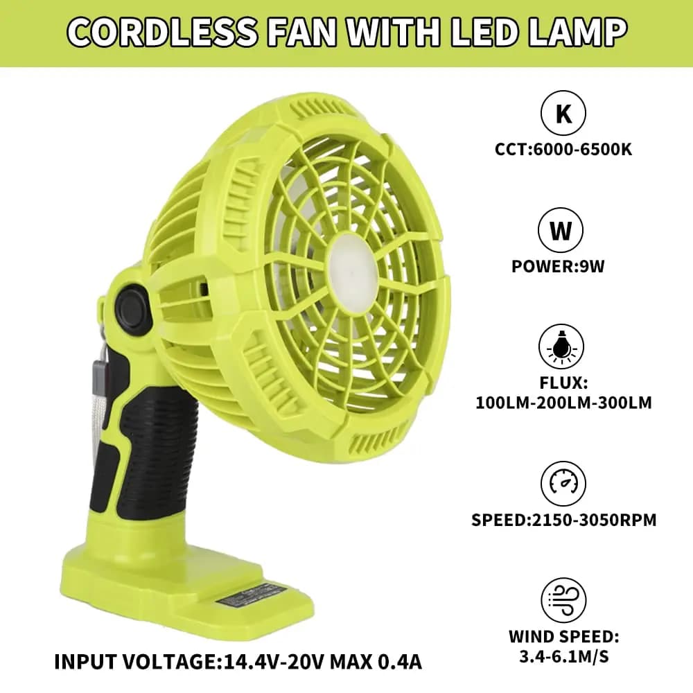 Cordless Portable Fans with 300LM LED Light Suitable for Ryobi 18V Battery,for Hom、 Outdoor、Camping、Picnic and Job Site