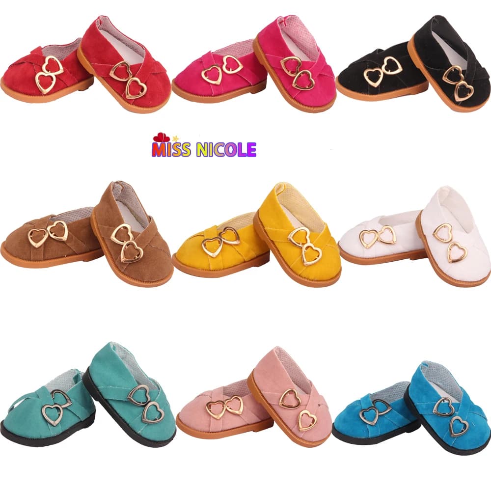 Scarpe da bambola per il tempo libero super carine da 7 cm Doppi cuori in pelle Pu Mini scarpe fatte a mano da 18 pollici per bambole rinate 43 cm Giocattoli russi