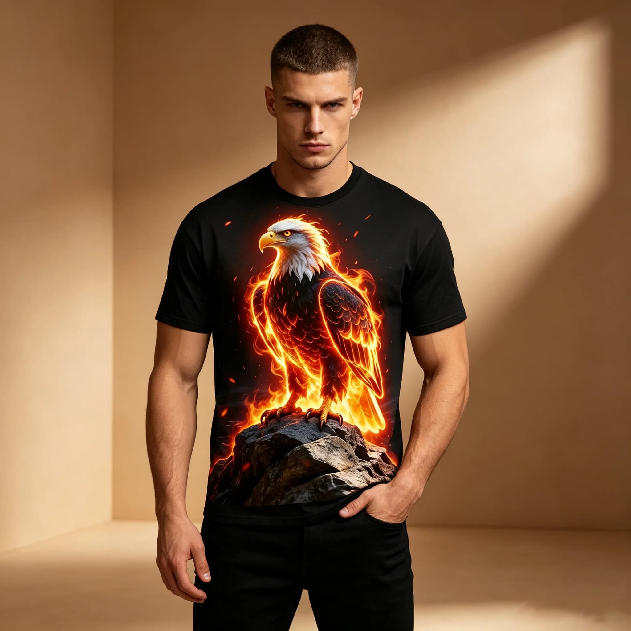 Men Flame Bald Eagle Print T-shirt Black Short Sleeve Animal Graphic Streetwear Casual Tee