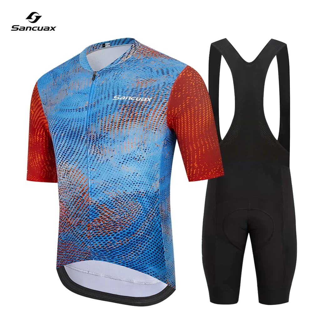 Sancuax Set Maglia Ciclismo Uomo Manica Corta e Pantaloncini con Bretelle, Abbigliamento Estivo per Ciclismo e Triathlon, Completo Bici