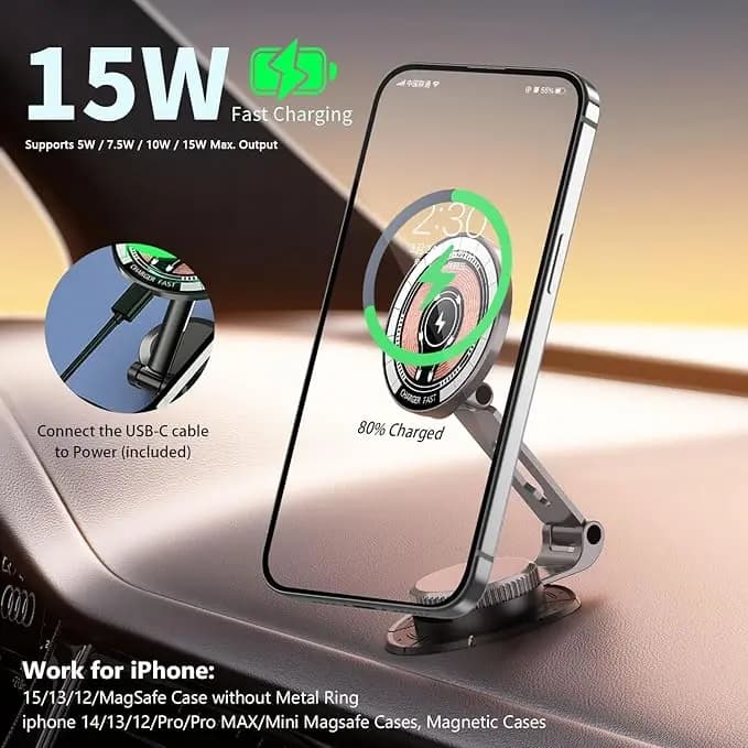 Supporto per caricabatteria da auto wireless da 15 W per MagSafe, supporto per telefono da cruscotto magnetico con ricarica rapida, base regolabile