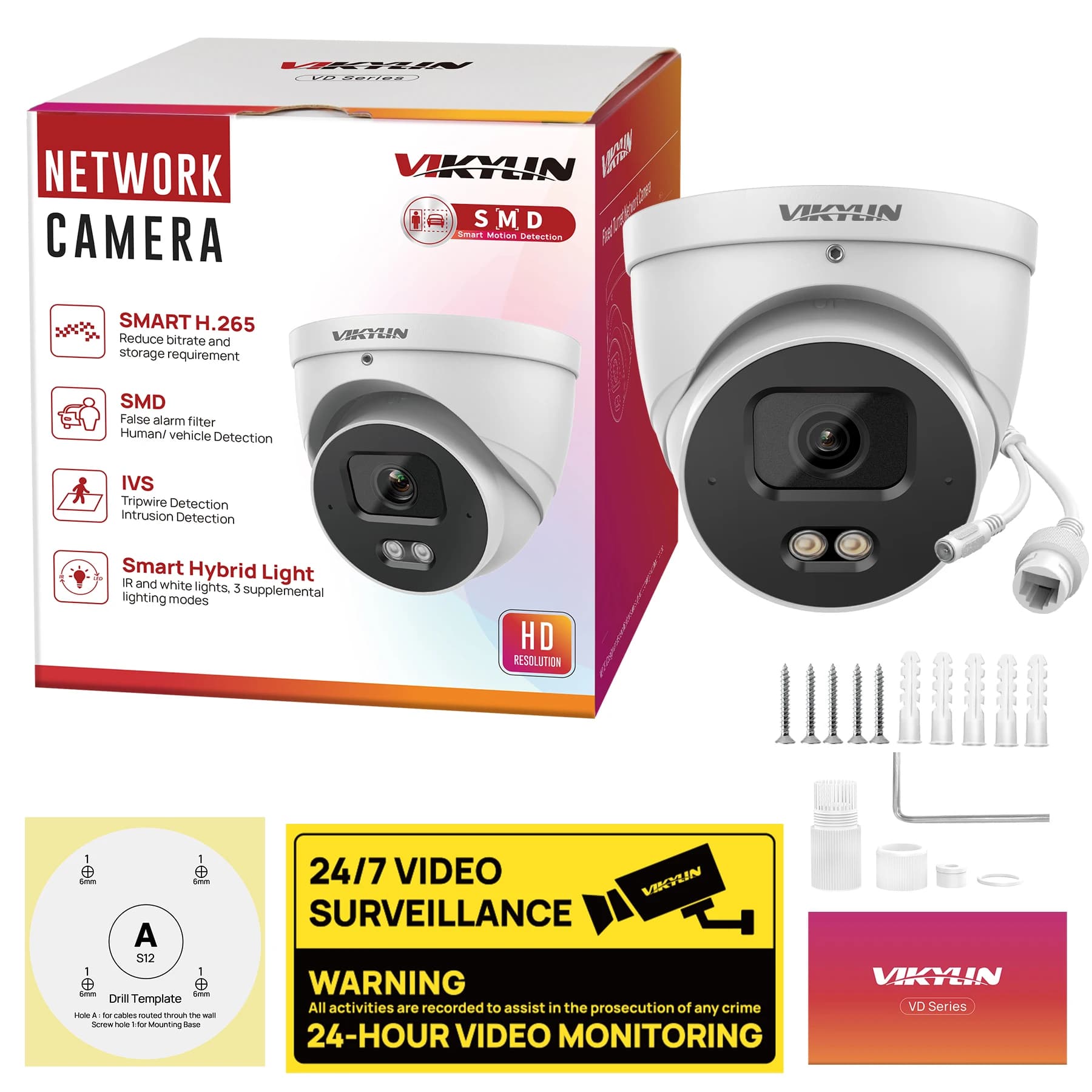 VIKYLIN 4MP Full Color IP Security Camera Perimeter Protection Built-in Mic Smart Motion Detection Outdoor Support IVS Onvif IP67 Metal Housing