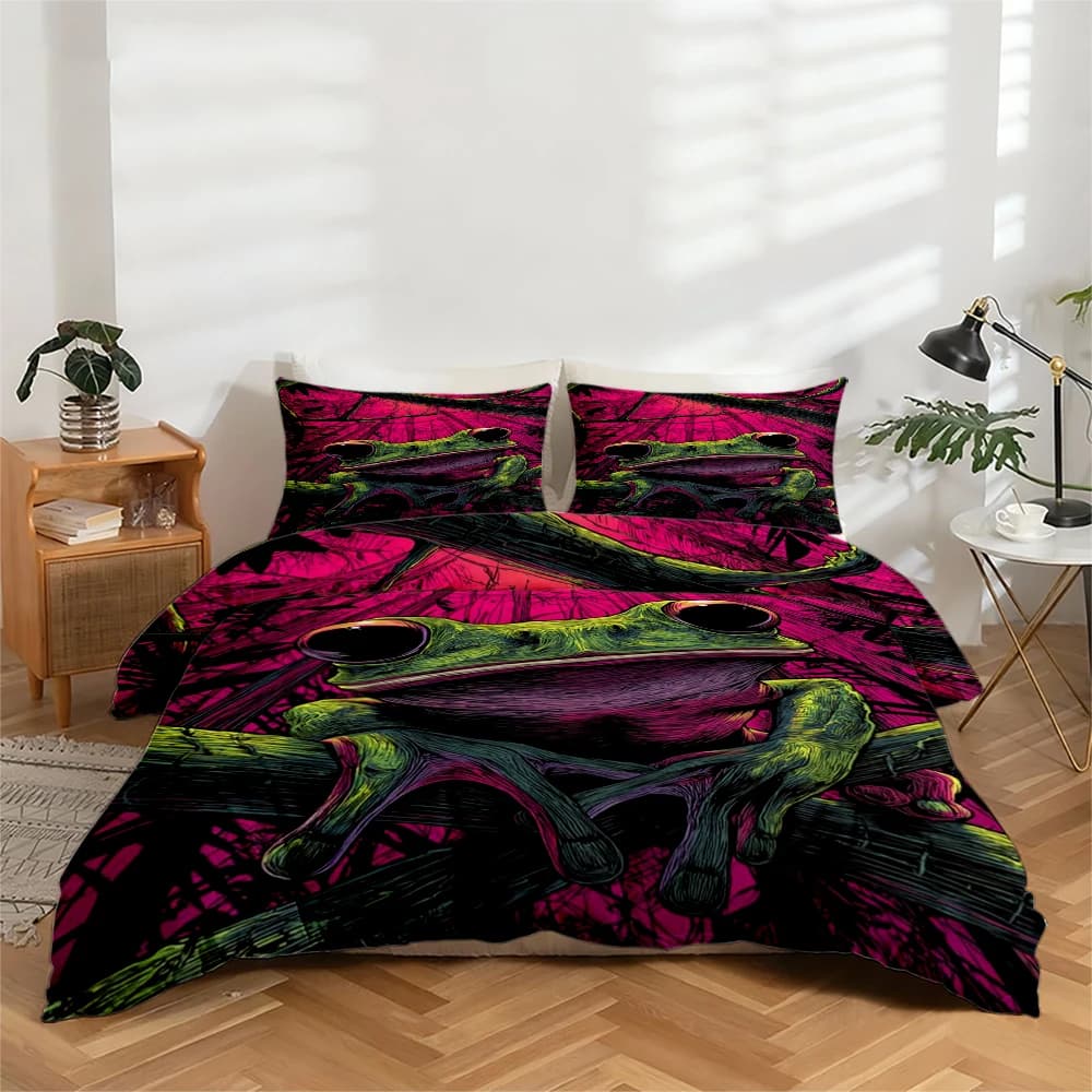 Set di biancheria da letto stampata digitale ad alta definizione, set copripiumino con motivo rana super accattivante, set copripiumino con motivo floreale grande stampato, include 1 copripiumino + 2 federe, adatto per camera da letto, stanza degli ospiti, decorazioni per la casa, set copripiumino + federe in fibra di poliestere, set da 3 pezzi, biancheria da letto ultra morbida, tessuto spesso, adatto a tutte le stagioni, lavabile in lavatrice, 3 pezzi.