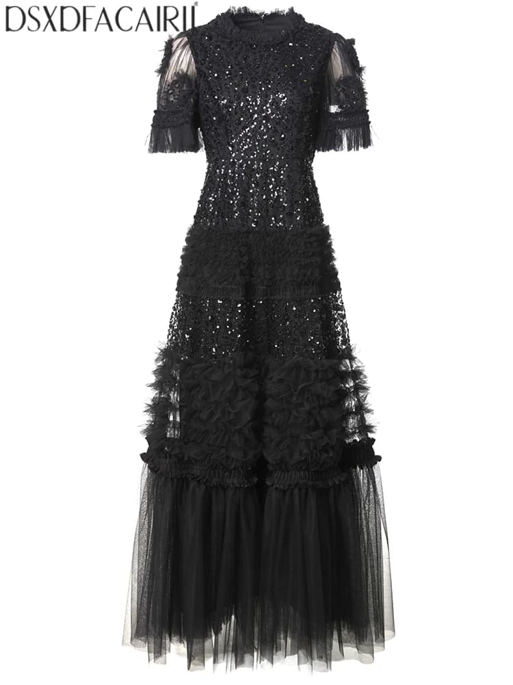 DSXDFACAIRIJ Abito lungo da donna estivo nuovo modello con scollo a O, maniche a campana, perline e paillettes, stile vintage a goccia grande