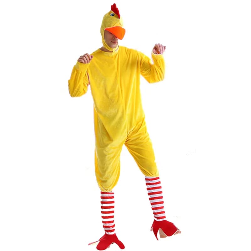 Costume da pollo giallo funky unisex per adulti, animale, pollo, uomo, vestito operato, cosplay di Halloween