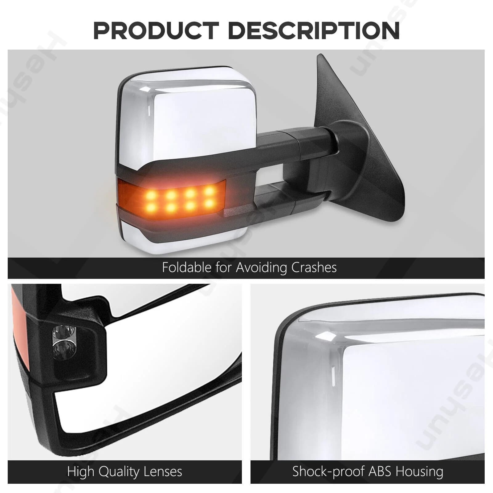 Per Toyota Tundra 2007-2021 con indicatore di direzione a freccia riscaldato in vetro elettrico per specchietti da traino cromati con riscaldamento | Punto cieco