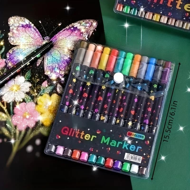 Confezione da 12 penne glitterate a doppia punta da 24 colori con inchiostro gel ad asciugatura rapida - Punta fine, dalla punta al corpo della penna, adatte per scrapbooking, creazione di biglietti, journaling, penne da disegno a doppia punta da 24 colori - Set di pennarelli glitterati, adatti per scuole, artisti e forniture artistiche