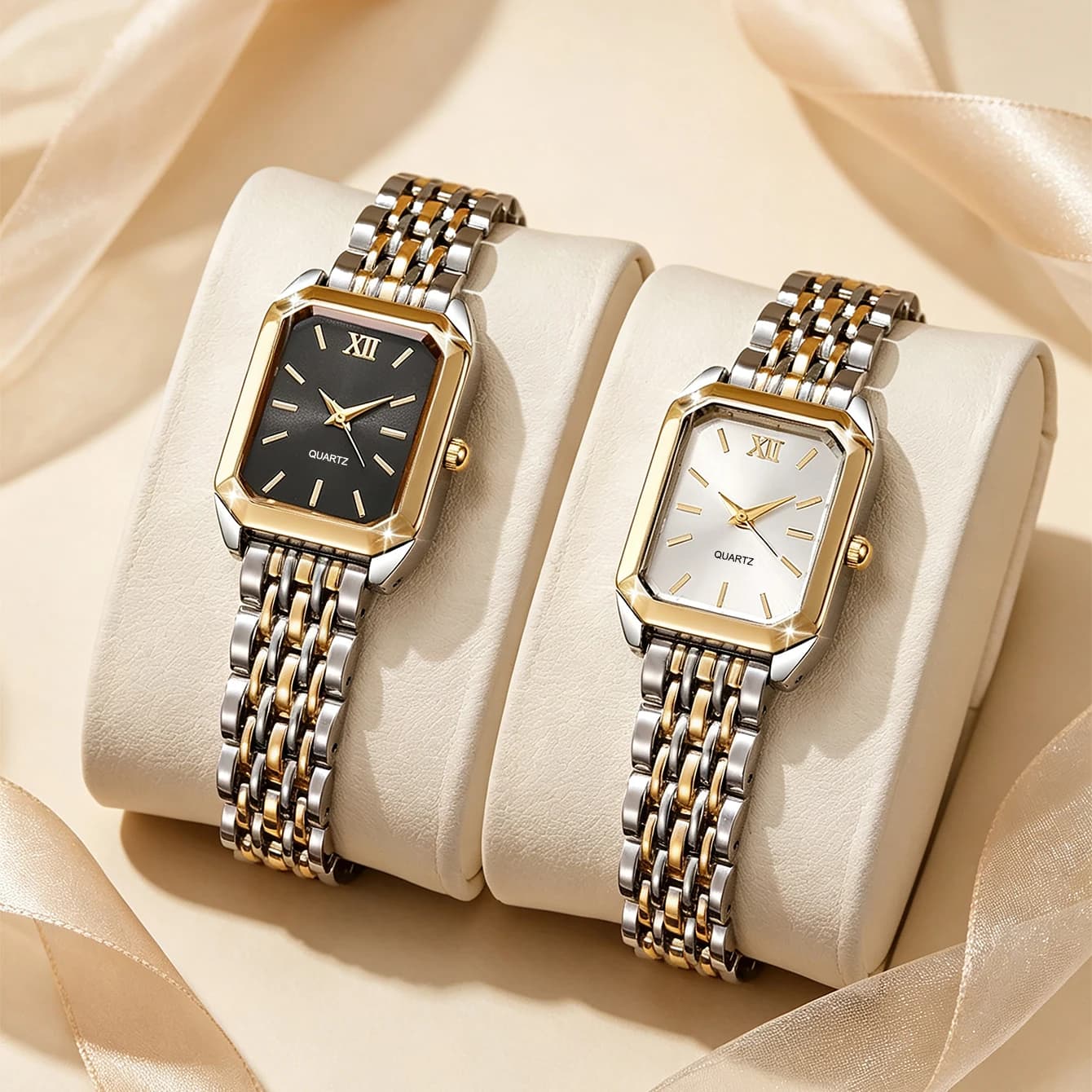 2-Piece Women's Gift Watch Set, Light Luxury and Exquisite Square Dial with Roman Numerals, Trendy Casual Quartz Wristwatch, Suitable for Daily Wear, Festivals, Parties and Various Occasions