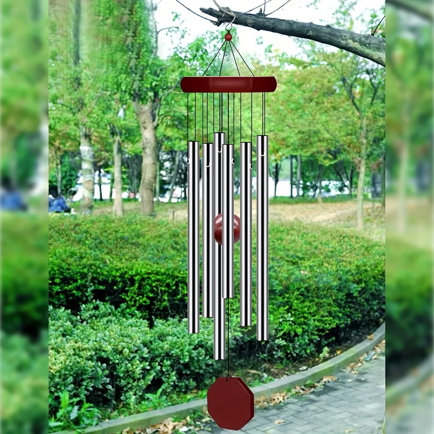 A commemorative wind chime designed for outdoor use, featuring a deep tone and 6 tuning tubes.