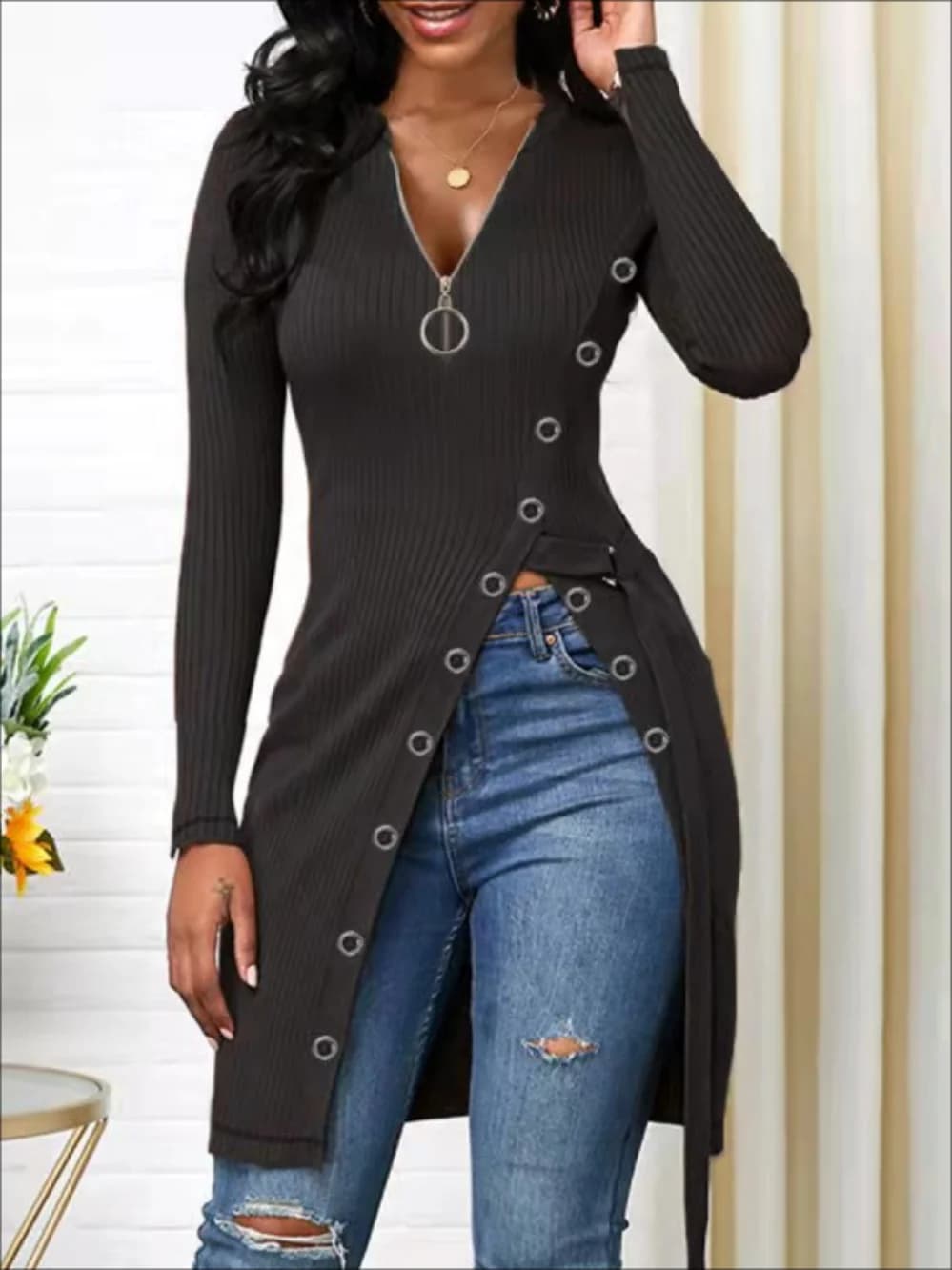 Nuove magliette con cerniera filettata a fessura alta a maniche lunghe con scollo a V da donna europea e americana