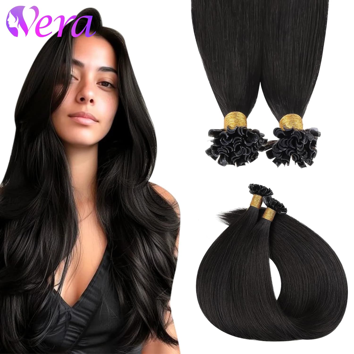 Estensioni dei capelli umani con punta a U 50G Punta per unghie pre-incollata Estensioni Ktip a fusione calda Capelli lisci morbidi Nero naturale 50 fili/confezione