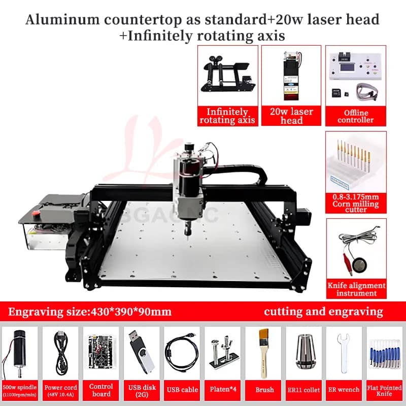 LY 4540 Table Laser Engraving Machine, MDF or Aluminium CNC Engraver, Laser 500W 20W/40W with Offline Controller and Rotating Axis