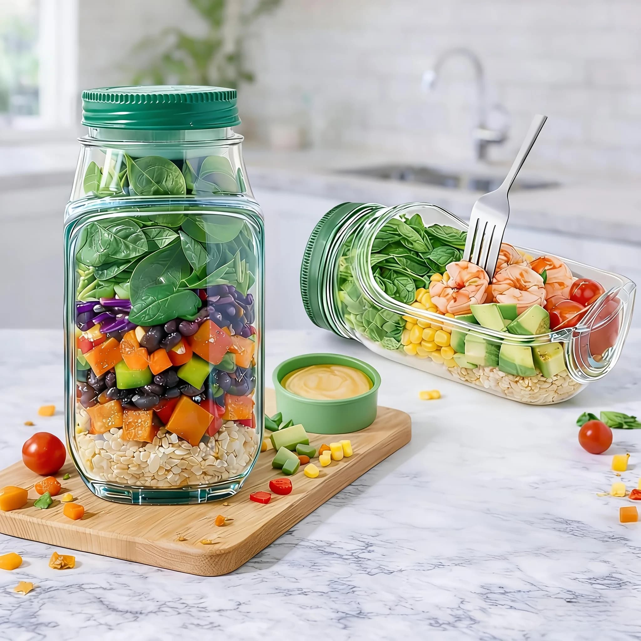 Contenitore per insalata con apertura laterale e tazza per salsa sigillata, impilabile, per la preparazione dei pasti (1 pezzo)