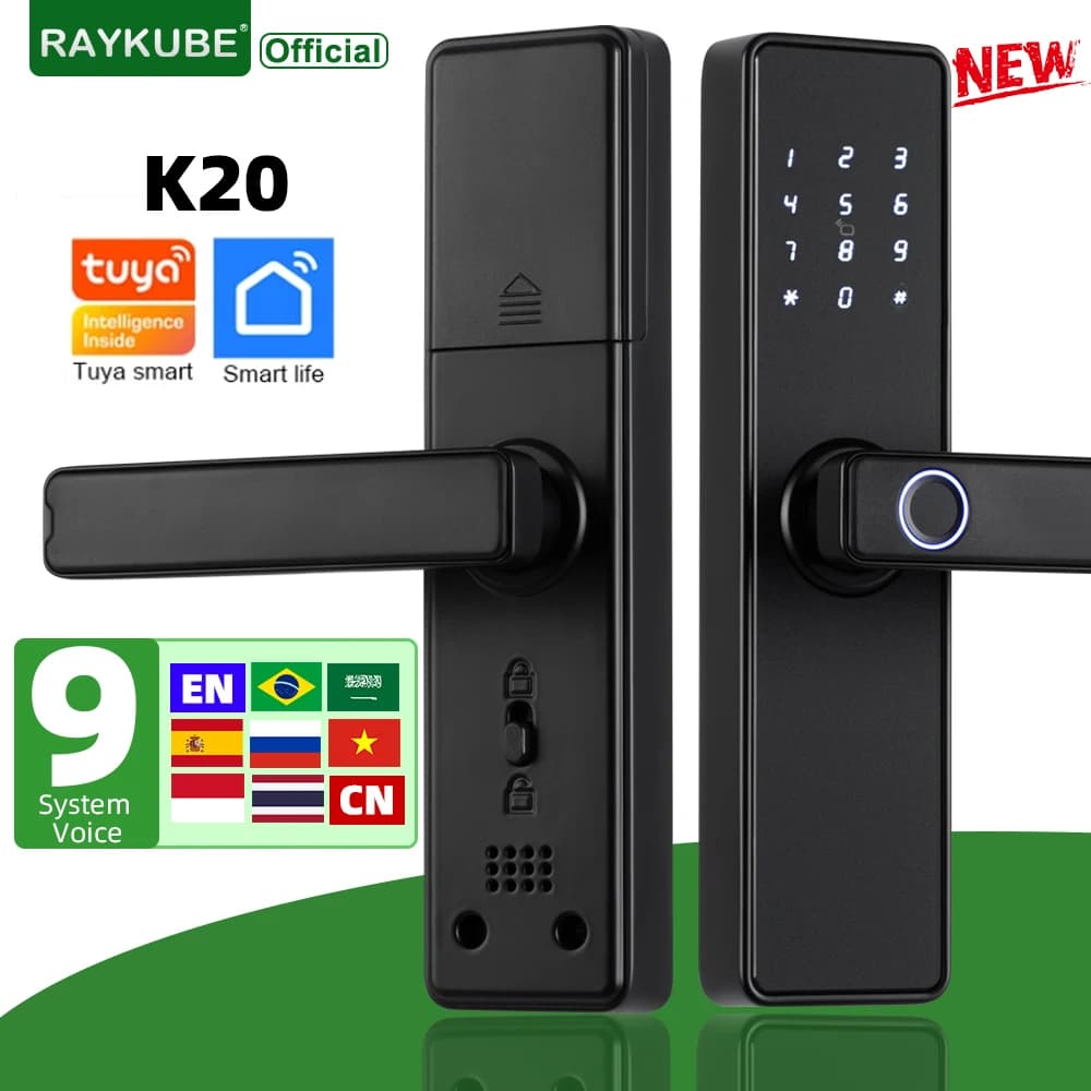 RAYKUBE K20 Serratura biometrica per impronte digitali a 9 lingue Serratura elettronica con APP Tuya/Scheda IC/Password/Sblocco chiave
