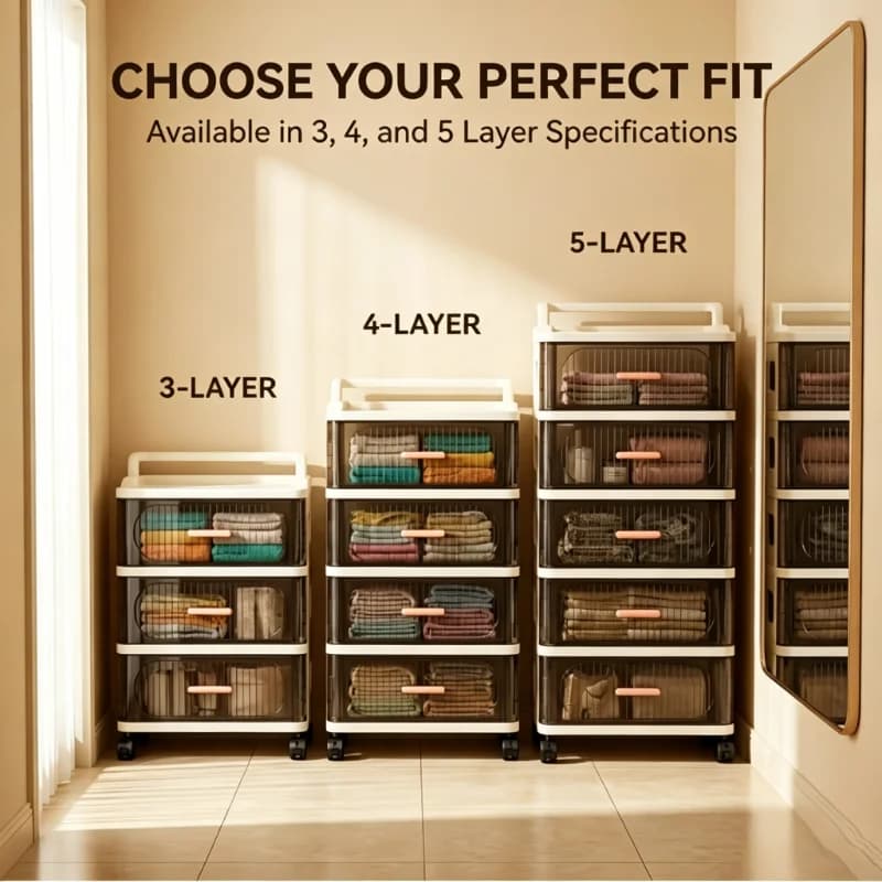 3/4/5 Tier Vertical Fluted Transparent Drawer Rolling Storage Cart with Rose Gold Handles & Top Carry Tray