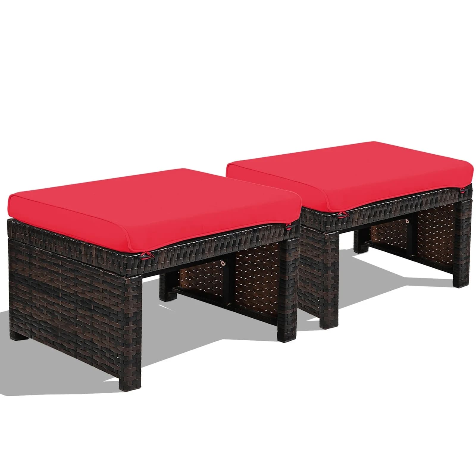 Set di 2 poggiapiedi in rattan per esterni con cuscino rosso