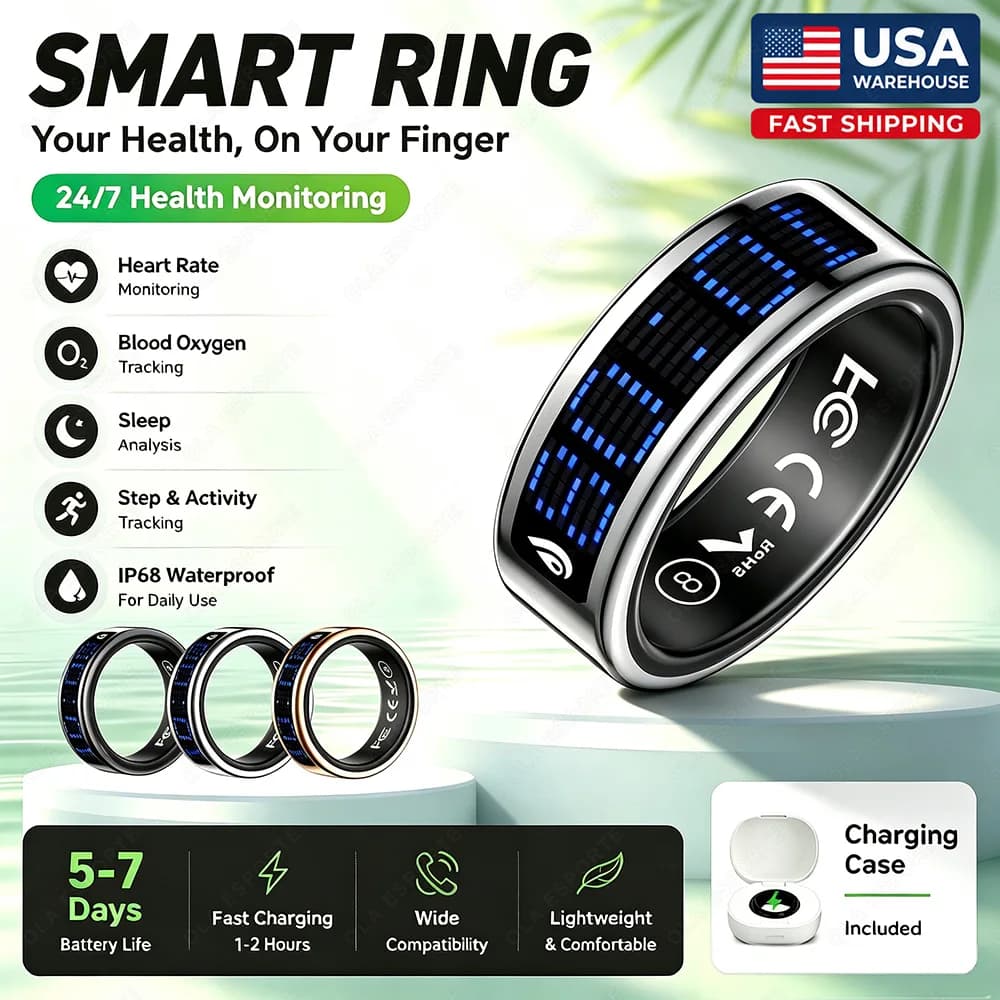 New LED Screen Smart Ring for Men Women Heart Rate Blood Pressure SpO2 Sleep Monitor Sports Fitness Tracker Remote Camera Control IP68 Waterproof Wearable Step counting Ring US Local Shipping