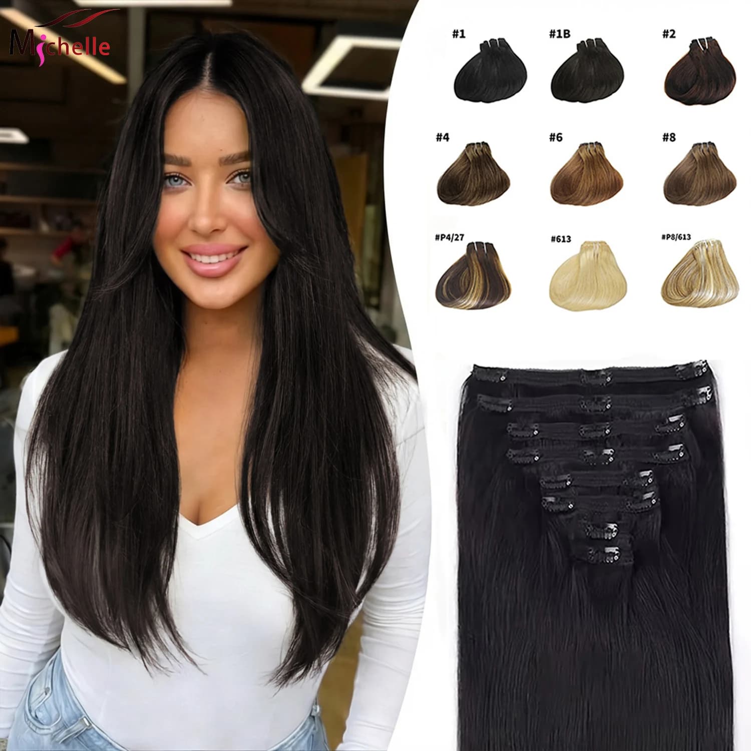 Extensioni per capelli con clip 100% Remy, capelli umani lisci, colore naturale 1B, 8 pezzi, capelli umani vergini brasiliani per tutta la testa.