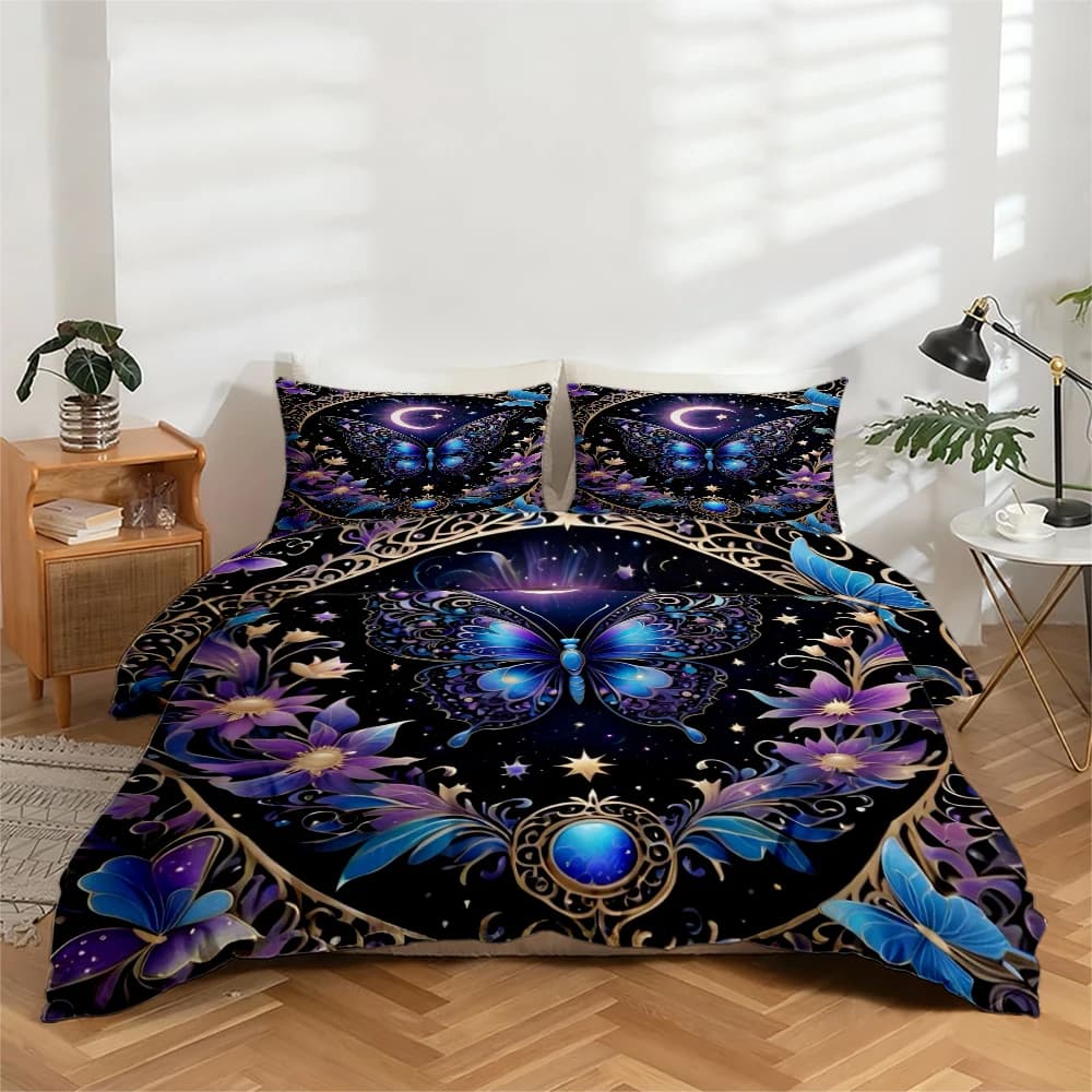 Set di biancheria da letto con stampa digitale ad alta definizione, set copripiumino con stelle, luna, farfalle e motivi floreali, set copripiumino con stampa floreale grande, include 1 copripiumino + 2 federe, adatto per camera da letto, camera degli ospiti, decorazioni per la casa, set copripiumino + federa in fibra di poliestere, set tre pezzi, biancheria da letto ultra morbida, tessuto spesso, adatto a tutte le stagioni, lavabile in lavatrice, 3 pezzi