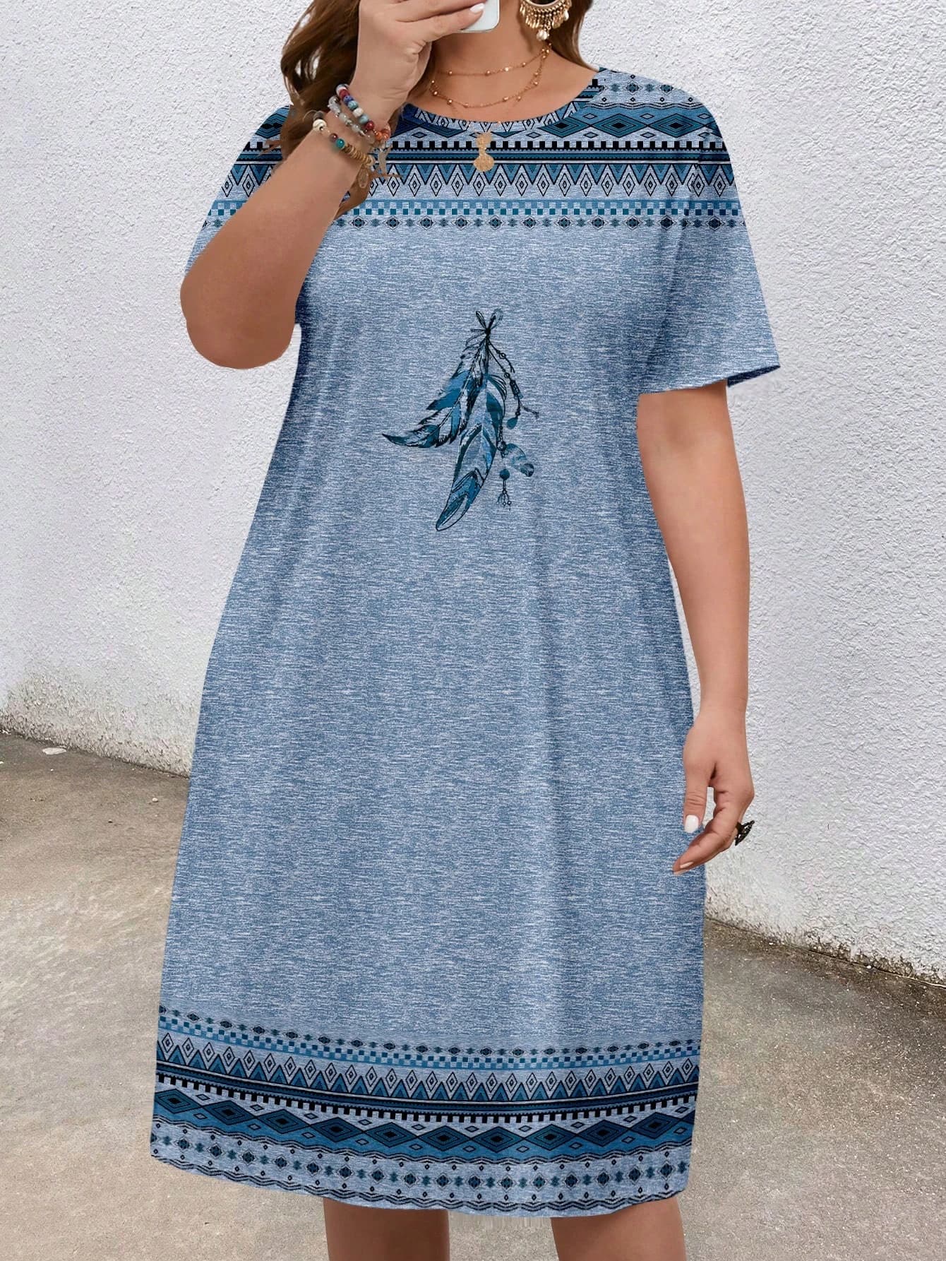 Feather Pattern Print Women T-shirt Dress Summer Fashion High Quality Casual Sport Loose Short Sleeve Round Neck Pullover Dress