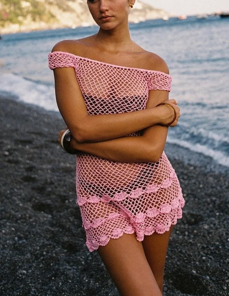 Abito da spiaggia sexy da donna senza spalline, lavorato a maglia, traforato all'uncinetto, copricostume bikini, trasparente, stile boho