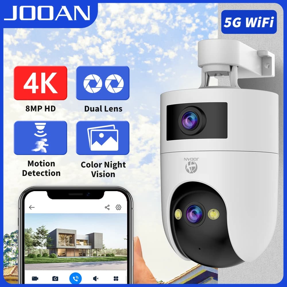 Telecamera IP WiFi Esterna JOOAN 4K a Doppia Lente, Doppio Schermo, Tracciamento Automatico PTZ, Visione Notturna 2K, Videosorveglianza CCTV