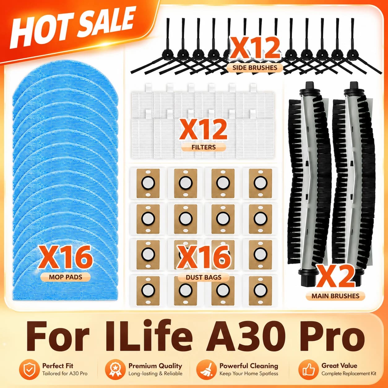 Compatible for robot vacuum cleaner ILife A30 Pro Main brush Side brush HEPA filter Mop bag powder