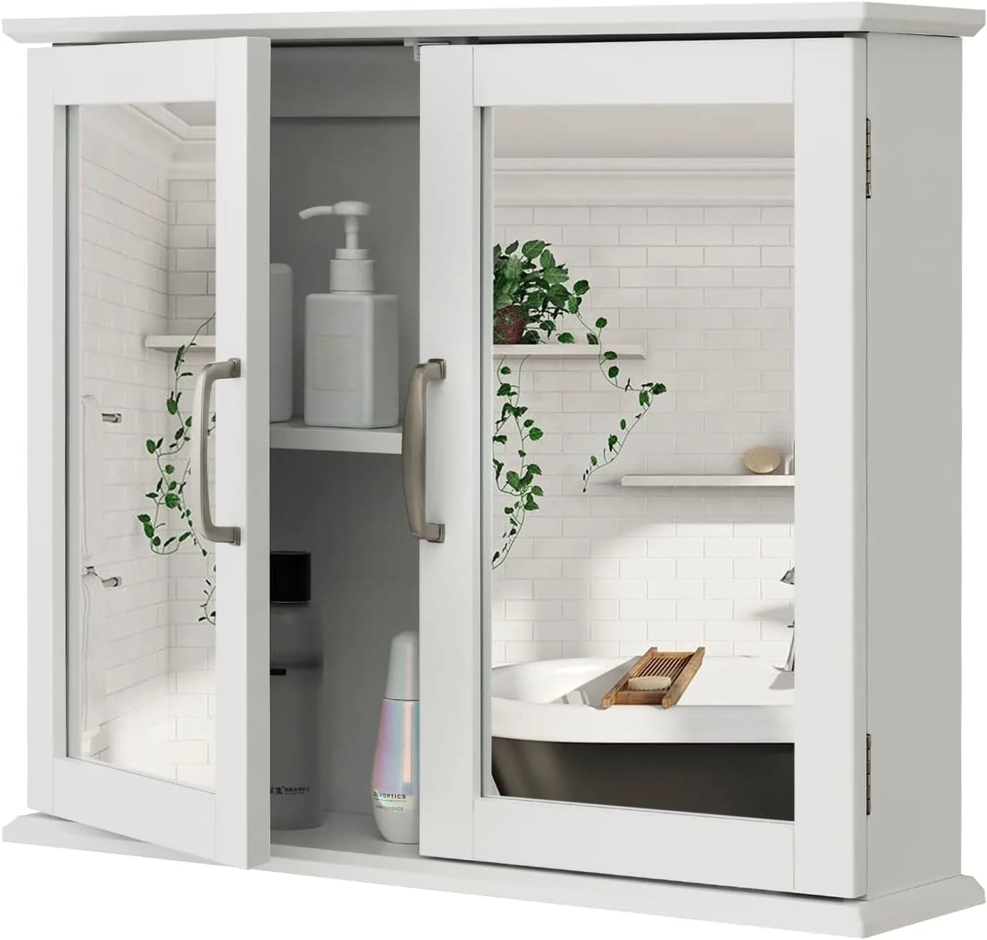 Armadietto a Specchio per Bagno a 2 Ante, Organizzatore di Medicinali a 2 Ripiani con Doppie Porte, Armadietto da Parete per Bagno con Specchio