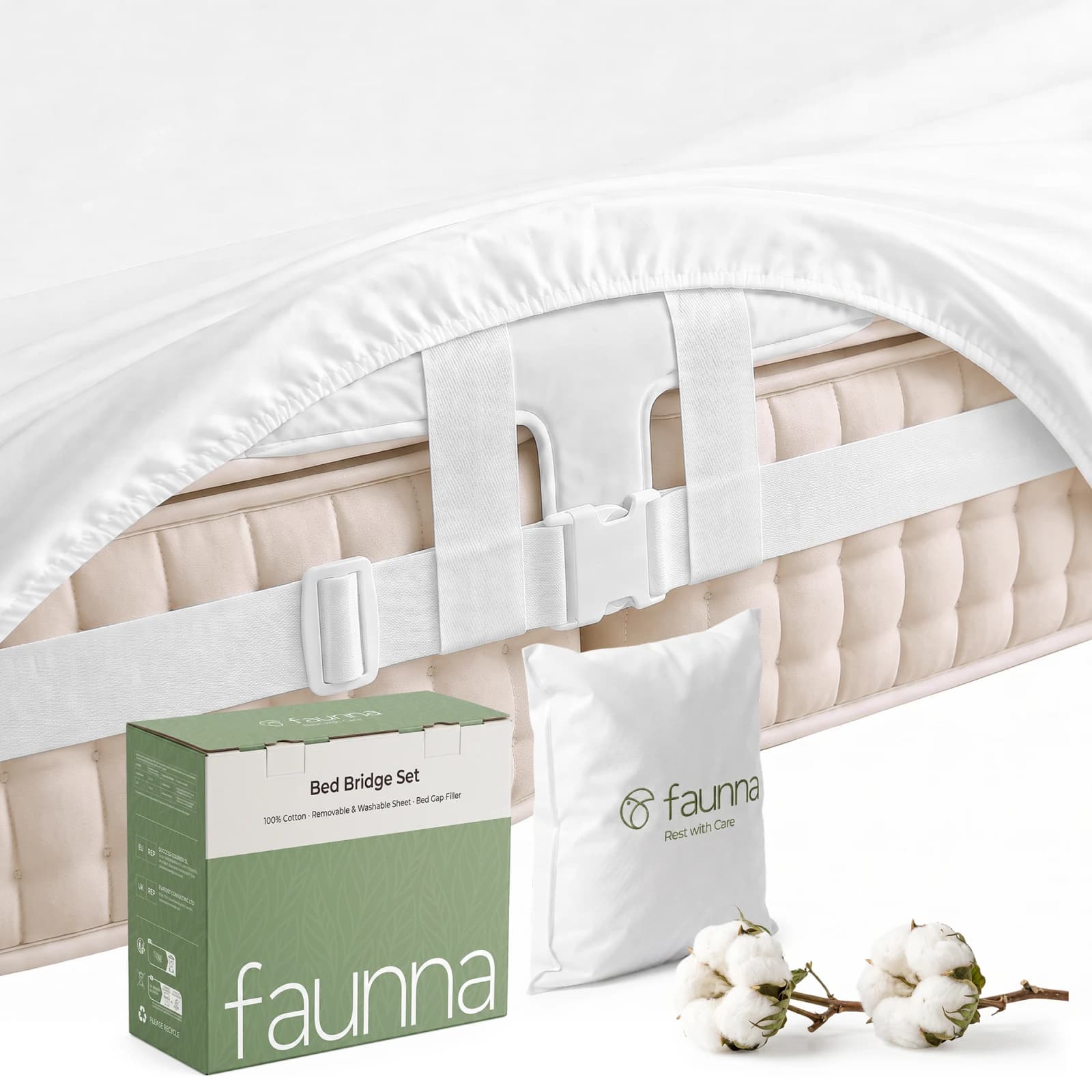 FAUNNA 3-in-1 King Bed Bridge Set, Mattress Gap Filler with 100% Cotton Fitted Sheet and Connector Strap, White