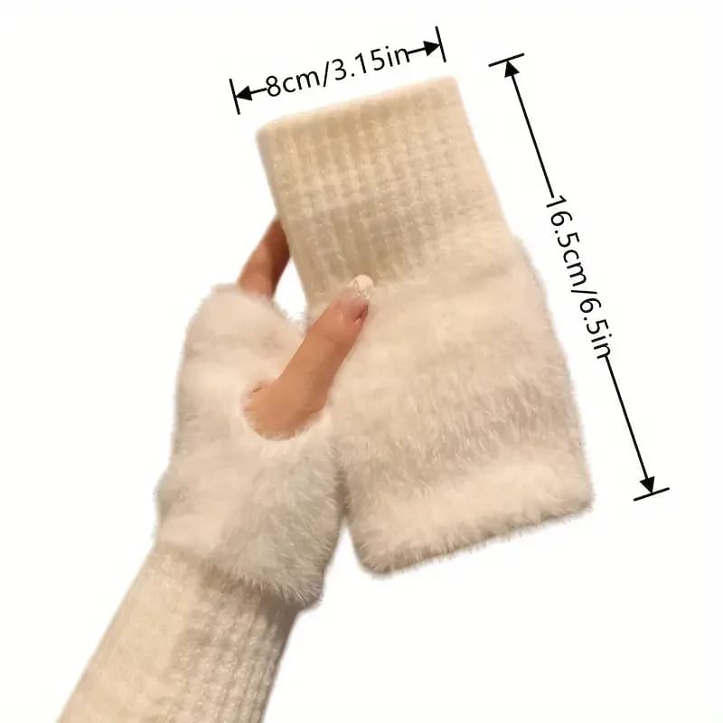 Soft Plush Mink Wool Half Finger Gloves Ladies Winter Thermal Knit Touch Screen Fingerless Mitts Long Rib Cuff Wind Resistant Warm Hand Cover for Laptop Reading Gaming