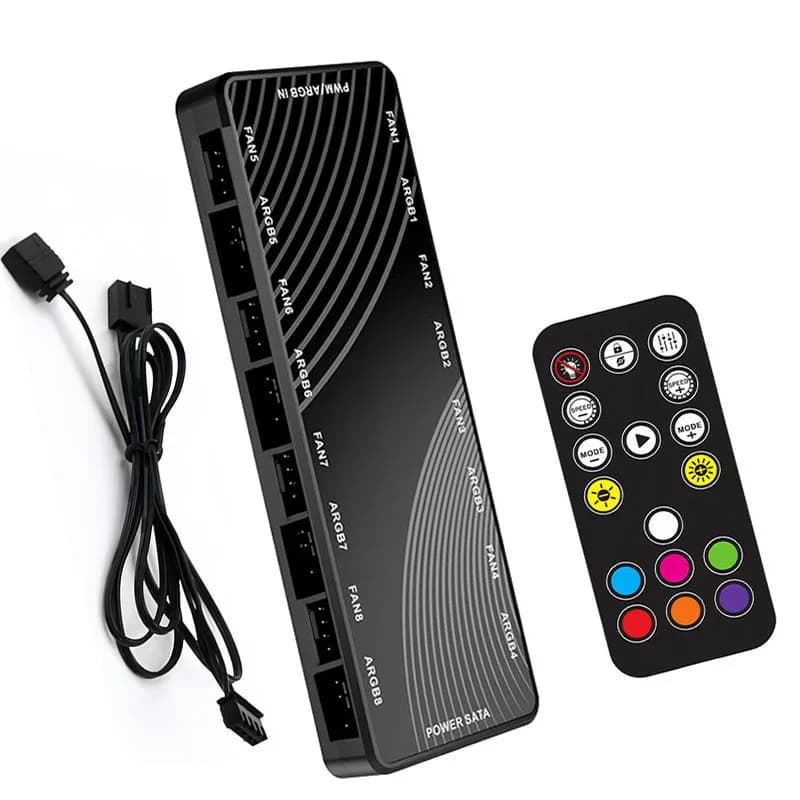 Hub Ventole PWM ARGB a 8 Porte, Alimentato via SATA, Splitter 1 a 8 con Controllo Standard/Remoto per Raffreddamento Case PC e Illuminazione ARGB