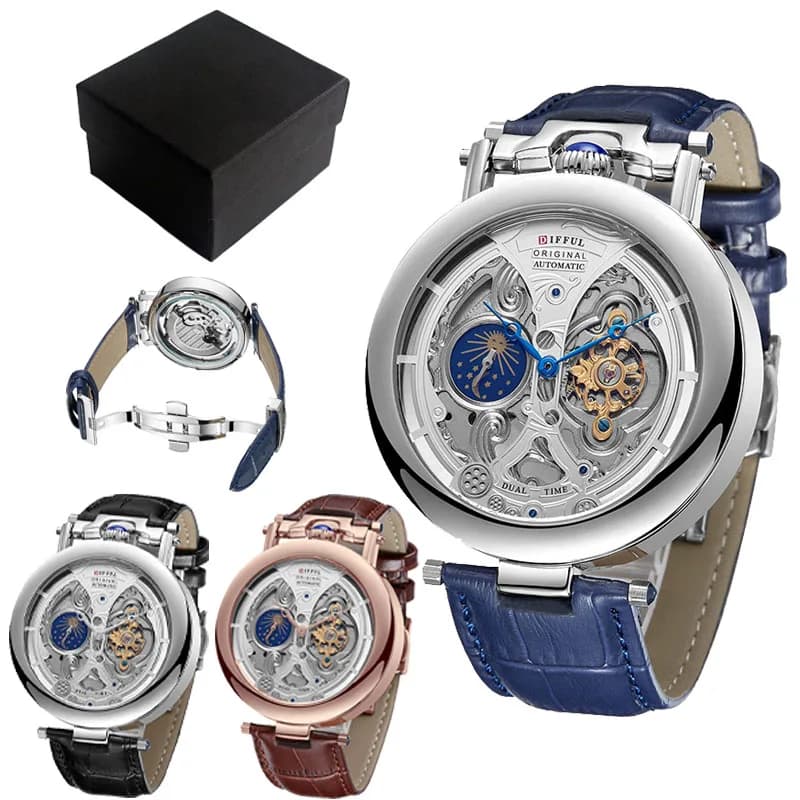 DIFFUL orologio da polso da uomo meccanico scavato con quadrante scheletrato grande di lusso con fasi lunari Tourbillon con cinturino in pelle