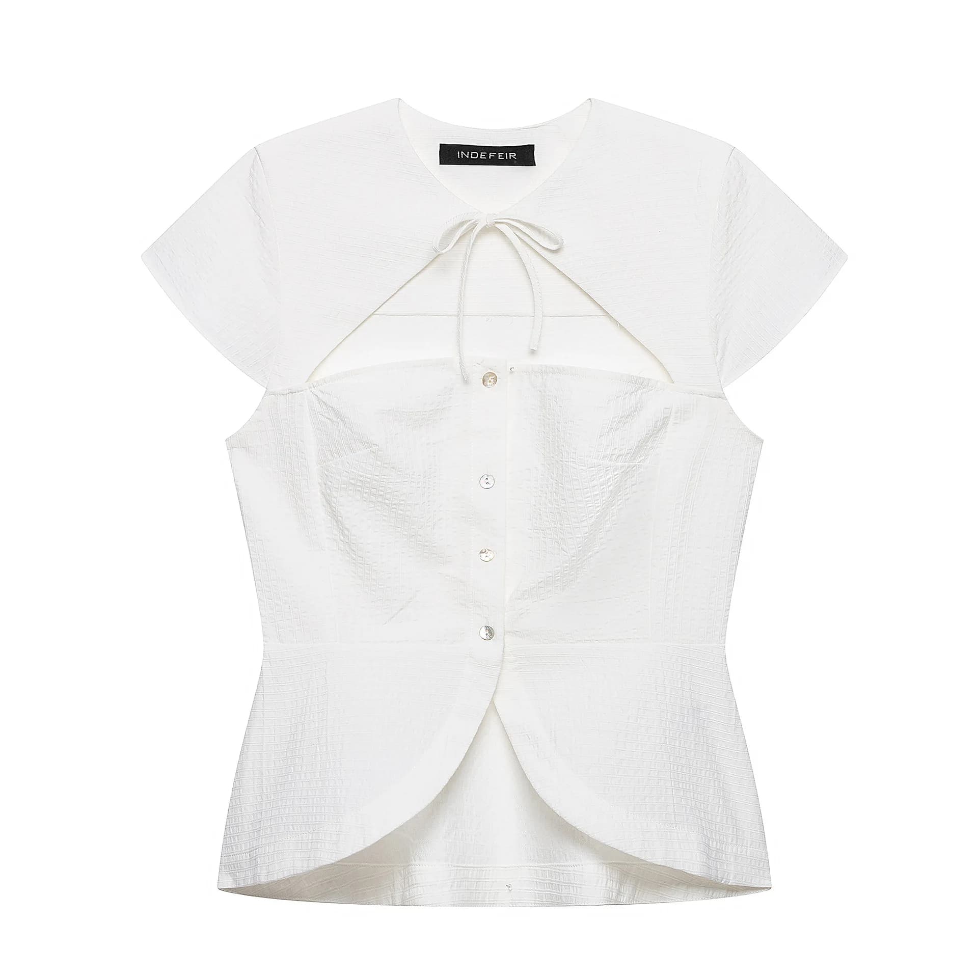 Sexy Cutout Tie Front Blouse Women Summer Pleated Short Sleeve Shirt French Style Button Up Textured Slim Waist Tops Slim