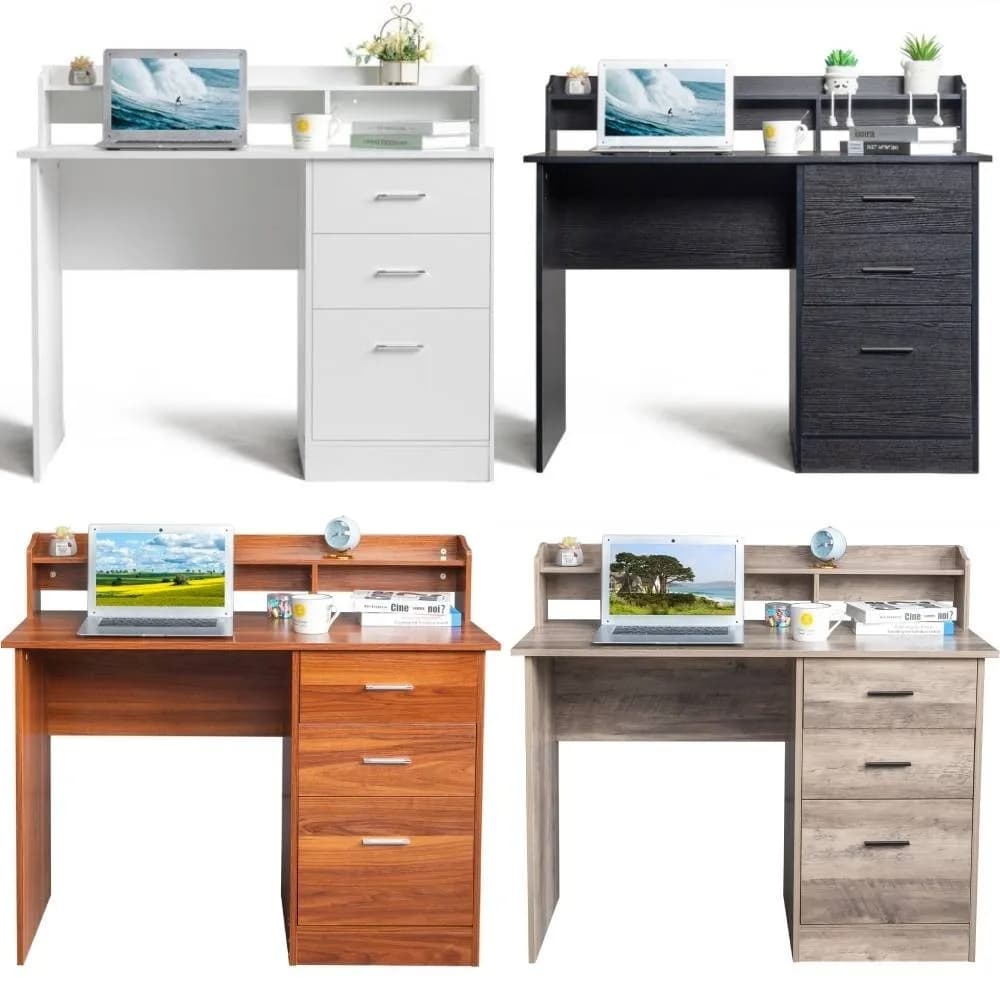 Scrivania per Computer, Postazione di Lavoro per Laptop, Tavolo per Ufficio Domestico in Legno con 3 Cassetti