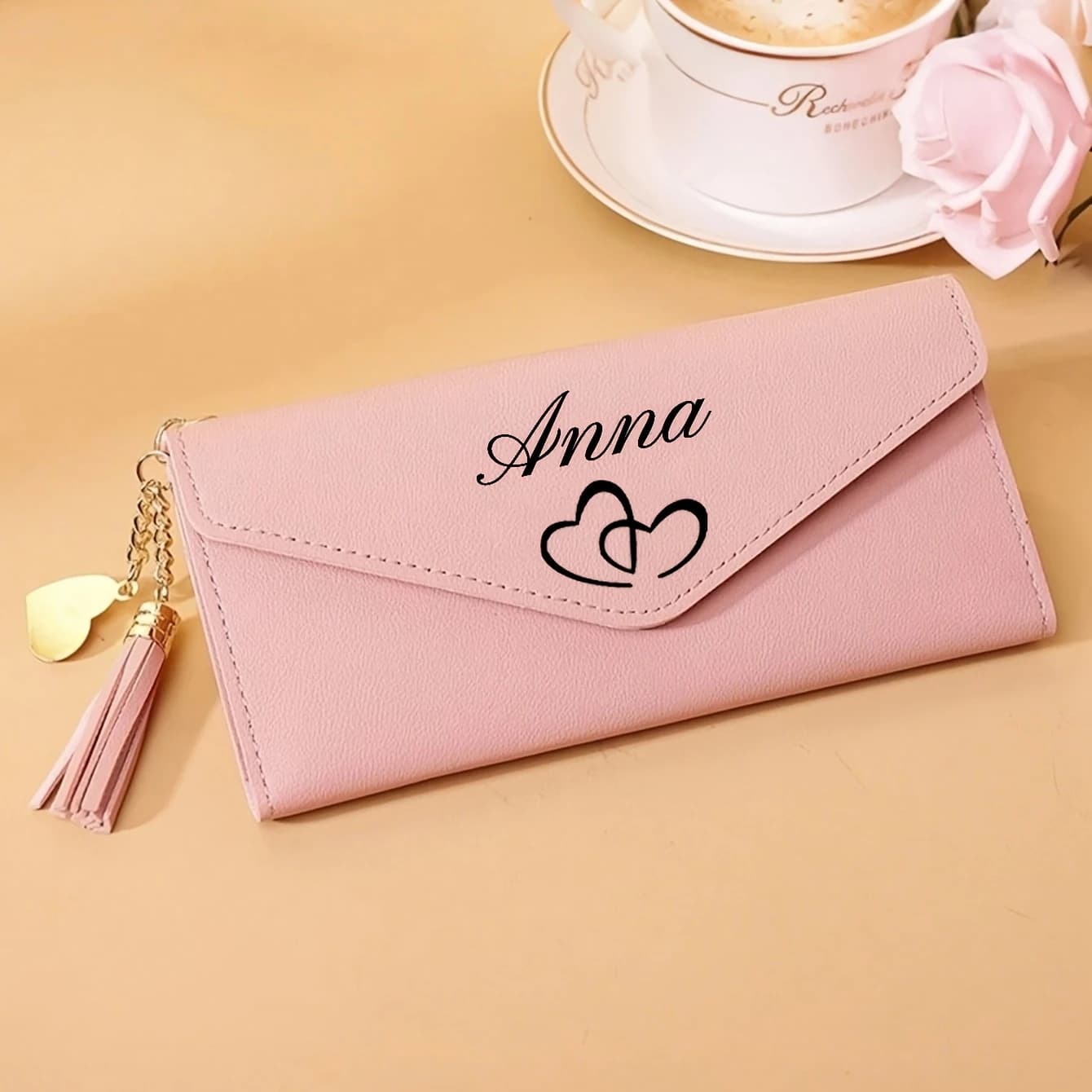 ersonalized Name Women's Wallet - Tri-Fold Handbag with Tassel Charm & Snap Closure, Custom Initials/Name Suitable for Birthdays